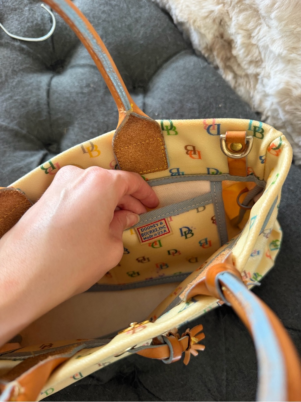 Dooney & Bourke Cream Multicolor Logo-Print Tote with Tan Trim - Picture 6 of 11